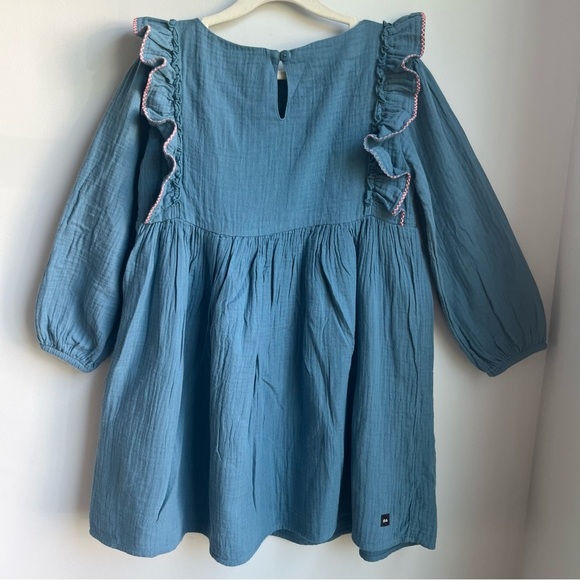 Tea Collection Blue Gauze Dress with Yellow and Pink Embroidery - Size 7 - Picture 3 of 7